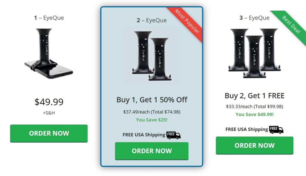 EyeQue Price Table