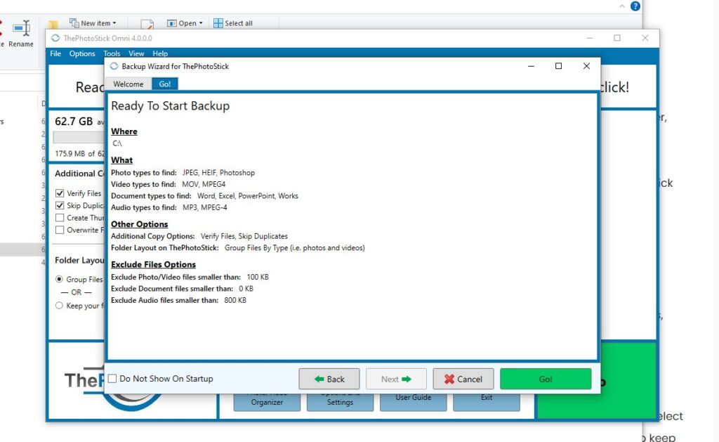 Ready to start backup photostick omni