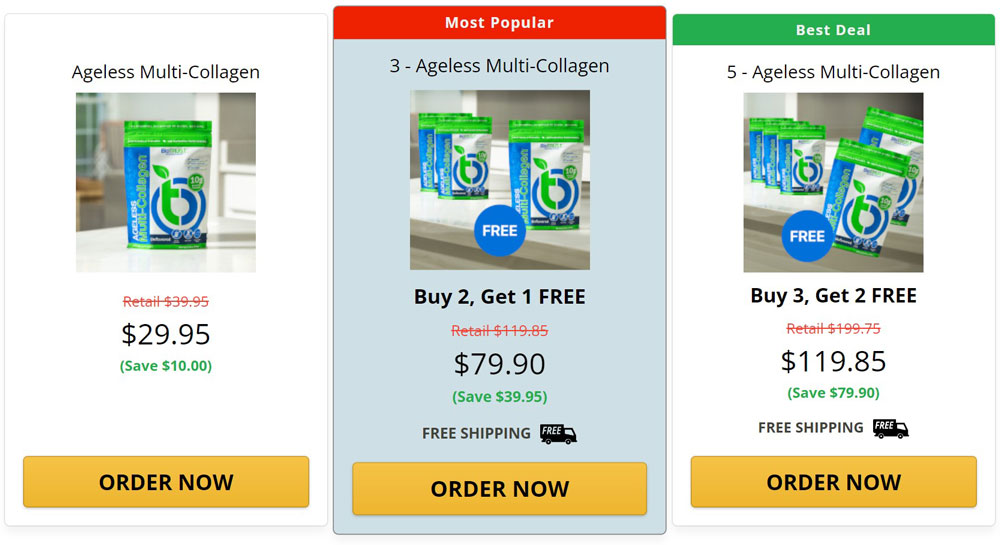 ageless multi collagen pricing table