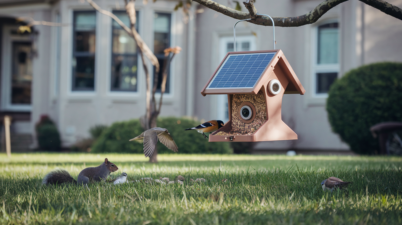 A photo of a front yard of a house in a 16:9 format. In the foreground, on the grass, there is a smart bird feeder hanging from a tree branch. The feeder has a recognizable design with a solar panel on top and a small camera embedded in the front portion. Near the feeder, there are birds feeding or flying. In the background, there is a house facade with windows and doors, and possibly some trees or shrubs in the yard. The sunlight illuminates the scene, emphasizing the solar panel on the feeder. There is a squirrel watching the birds. Krov je malo manji. jedna ptica jede. Kuca je udaljenija I jasno see vide prozori koji gledaju an hranilicu. vidi see I stablo an kojoj je hranilica
