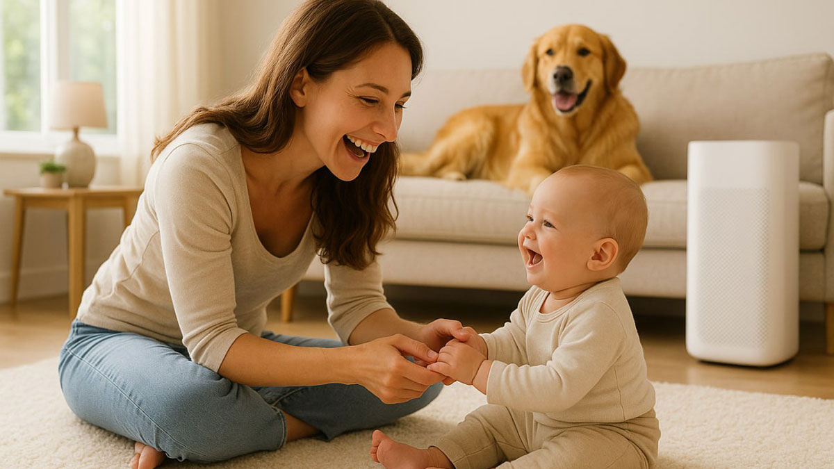 A mother and baby laugh while playing on the floor of a bright living room, as their Golden Retriever dog sits on the couch behind them next to an air purifier cleaning the air